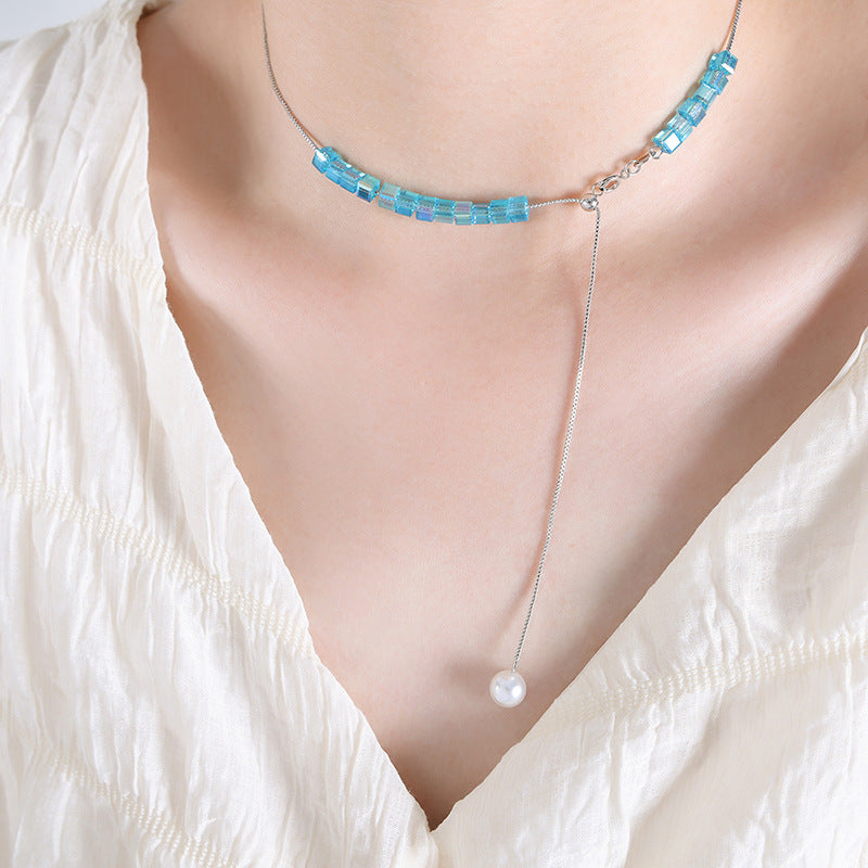 Simple personality fringed chain design sense blue pendant men's and women's titanium steel gold-plated jewelry set 99