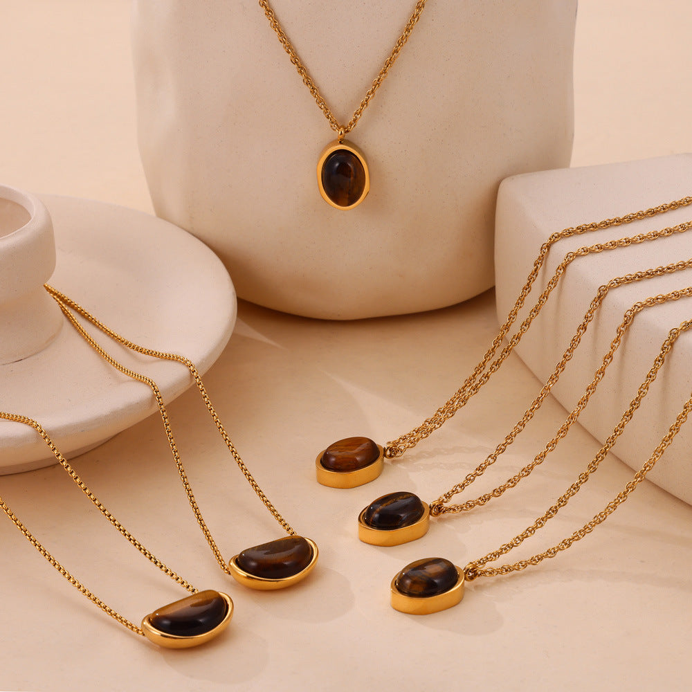 Vintage niche design sense geometric jewelry cold wind temperament tiger's eye stone Maillard wind titanium steel necklace