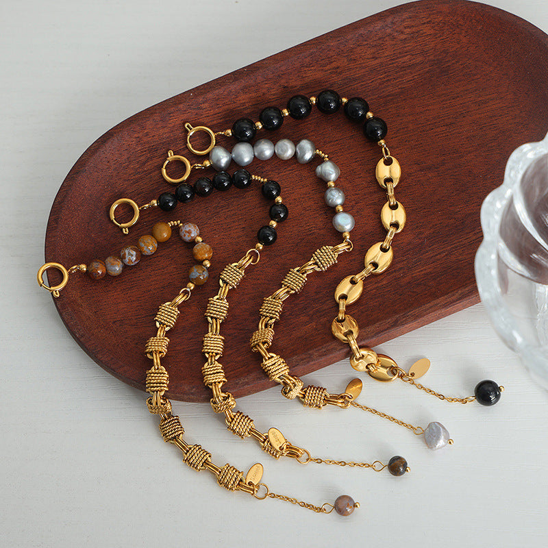New high-end niche men's brass freshwater pearl handmade beaded natural stone black agate bracelet women