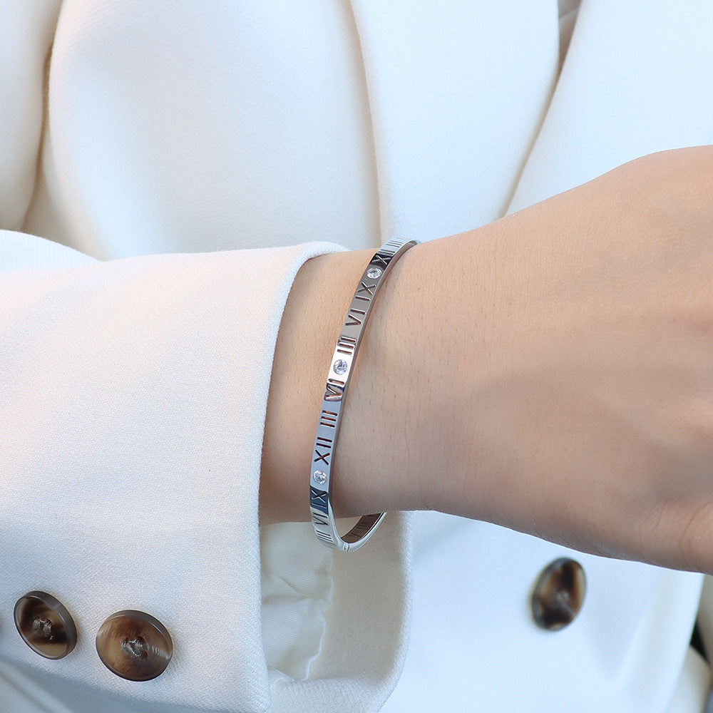 Fashion niche versatile digital diamond-encrusted narrow version bracelet jewelry bracelet titanium steel gold-plated jewelry women