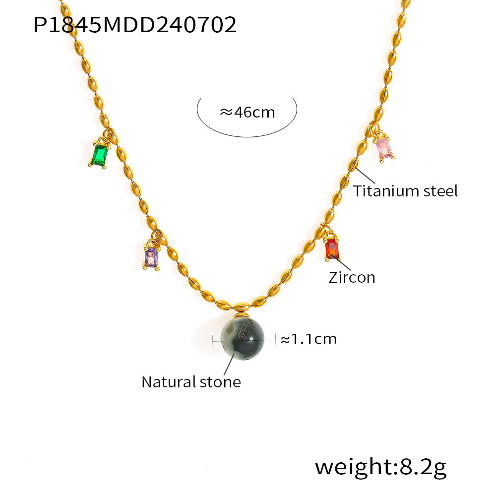 Hot-selling niche rice bead chain inlaid with colored zirconium design jewelry personalized natural stone pendant titanium steel necklace