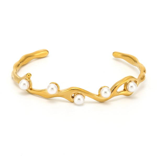 18K real gold plated imitation pearl opening bracelet personalized design non-fading titanium steel C-shaped bracelet 99