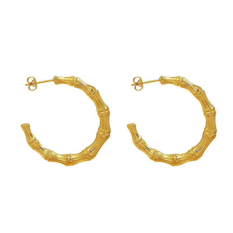 Niche design fashionable geometric C-shaped bamboo earrings electroplated 18K gold non-fading personalized earrings F565