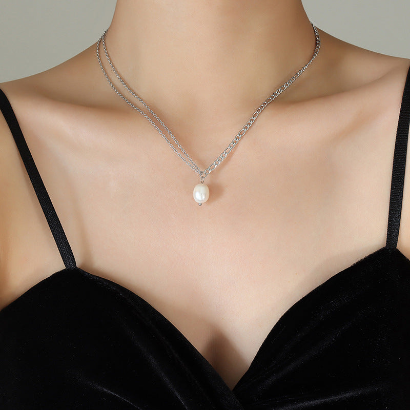 Accessories Spice Girl Double Chain Freshwater Pearl Necklace Women's Collarbone Neck Chain Titanium Steel Plated 18K Gold P832