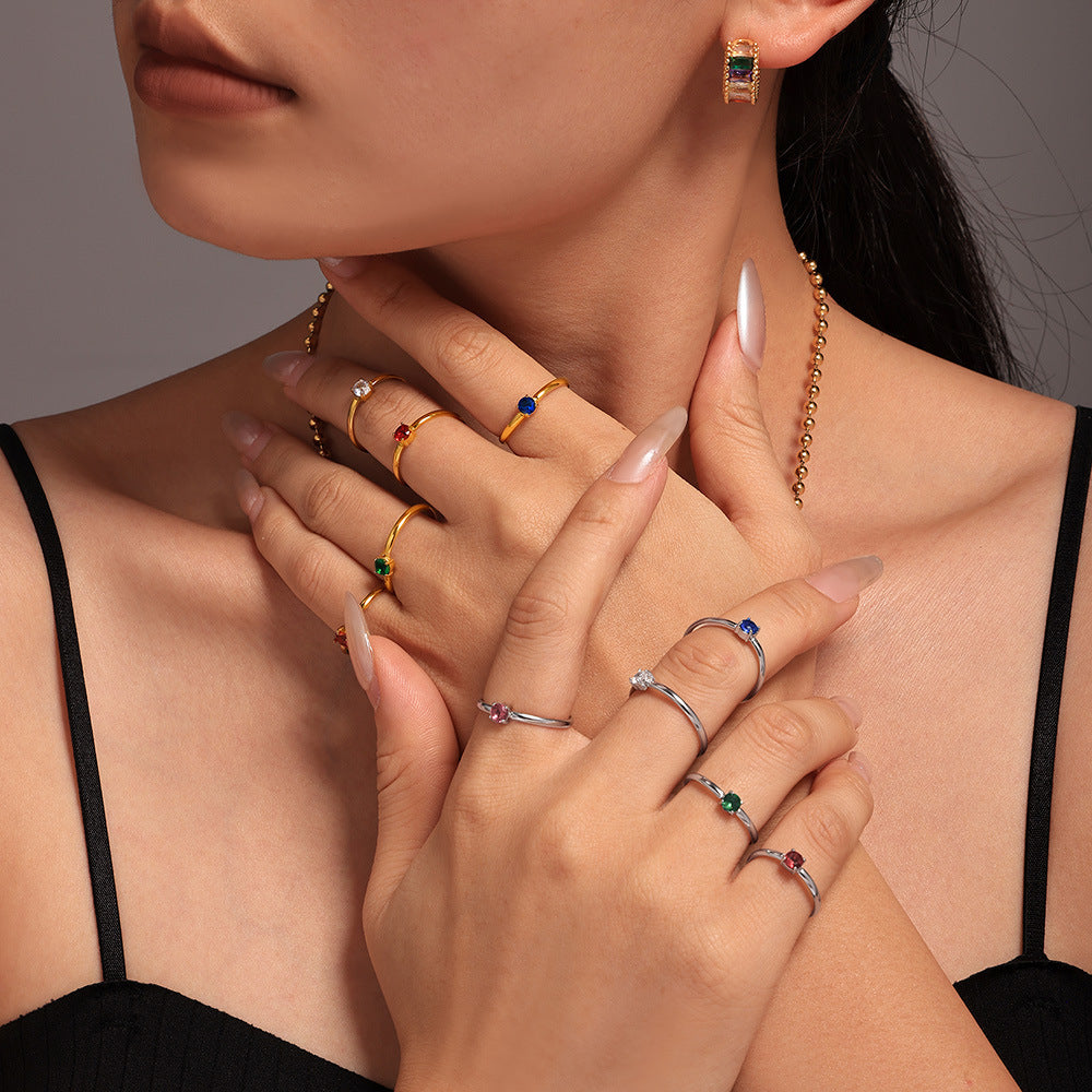 Single-claw zircon ring PVD electroplated stainless steel opening adjustment light luxury index finger ring spot 99