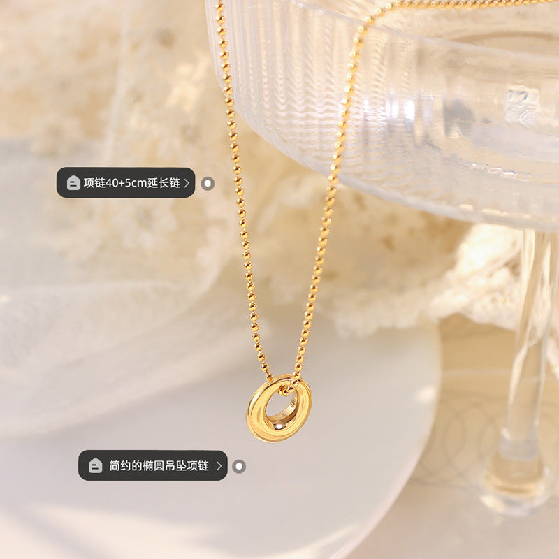 Cold Wind Niche Fashion Oval Pendant Titanium Steel Necklace Plated 18K Real Gold Simple Jewelry P097pp