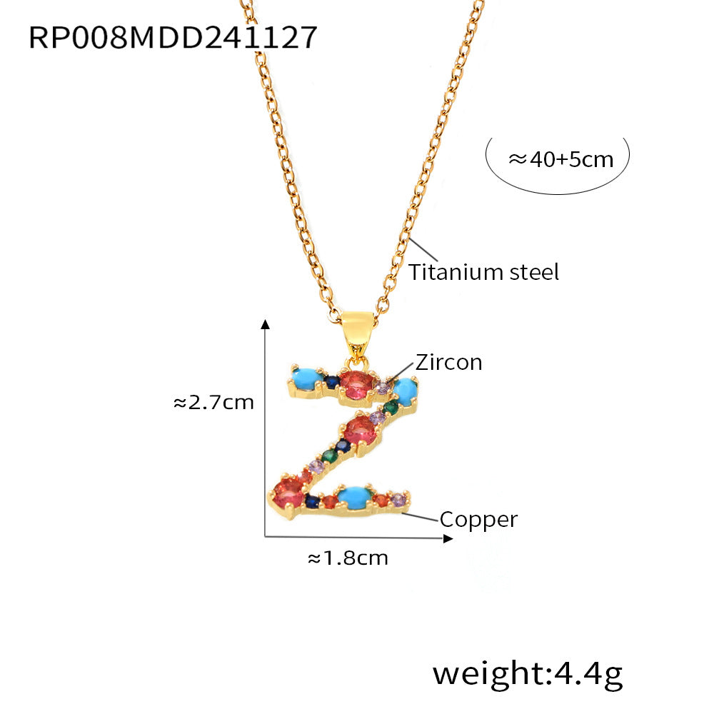 European and American cross-border copper micro-inlaid colored zircon 26 English letters personalized individual pendant niche hip-hop collarbone chain pp