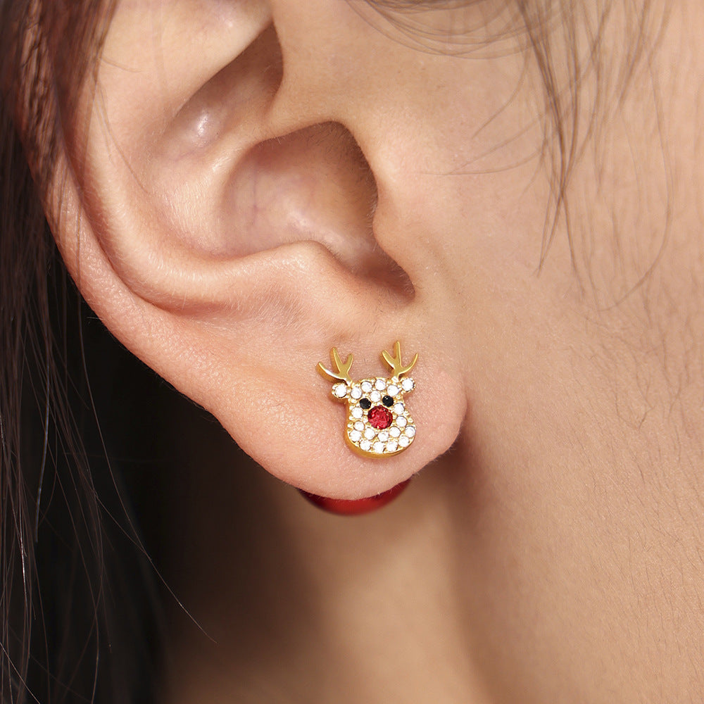 Color zircon Christmas tree elk stainless steel stud earrings DIY colored beads ear plug niche new earrings