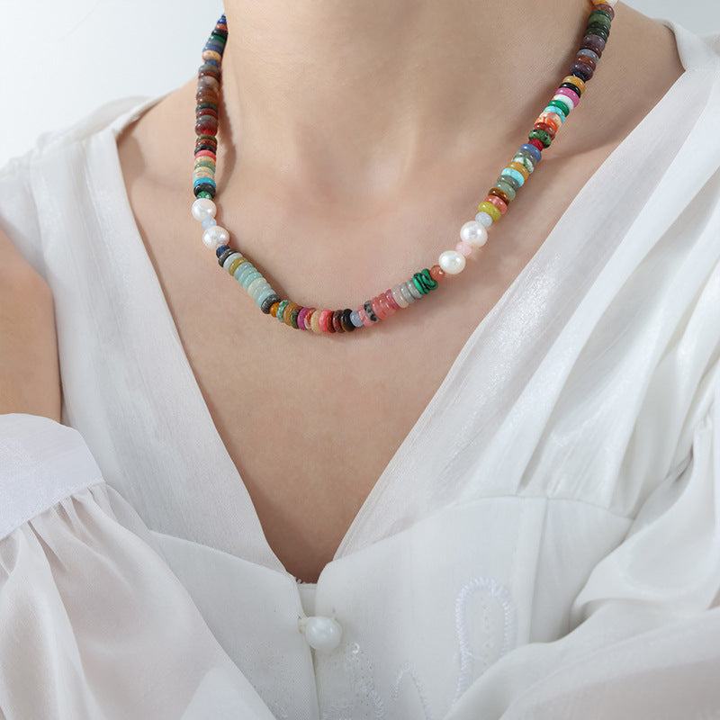 New ethnic style retro baroque freshwater pearl colored natural stone handmade beaded necklace jewelry female pp