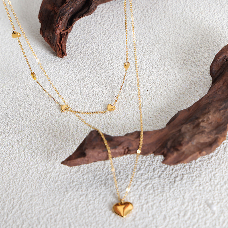 Love peach heart double chain simple titanium steel wholesale jewelry does not fade girls niche necklace collarbone chain