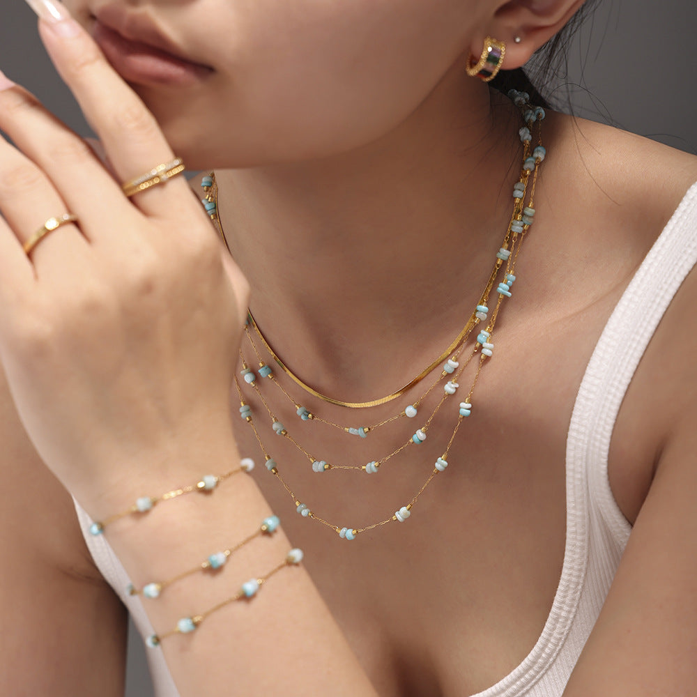 Color natural stone light luxury double-layer necklace bracelet women's stainless steel handmade chain set is available in stock.
