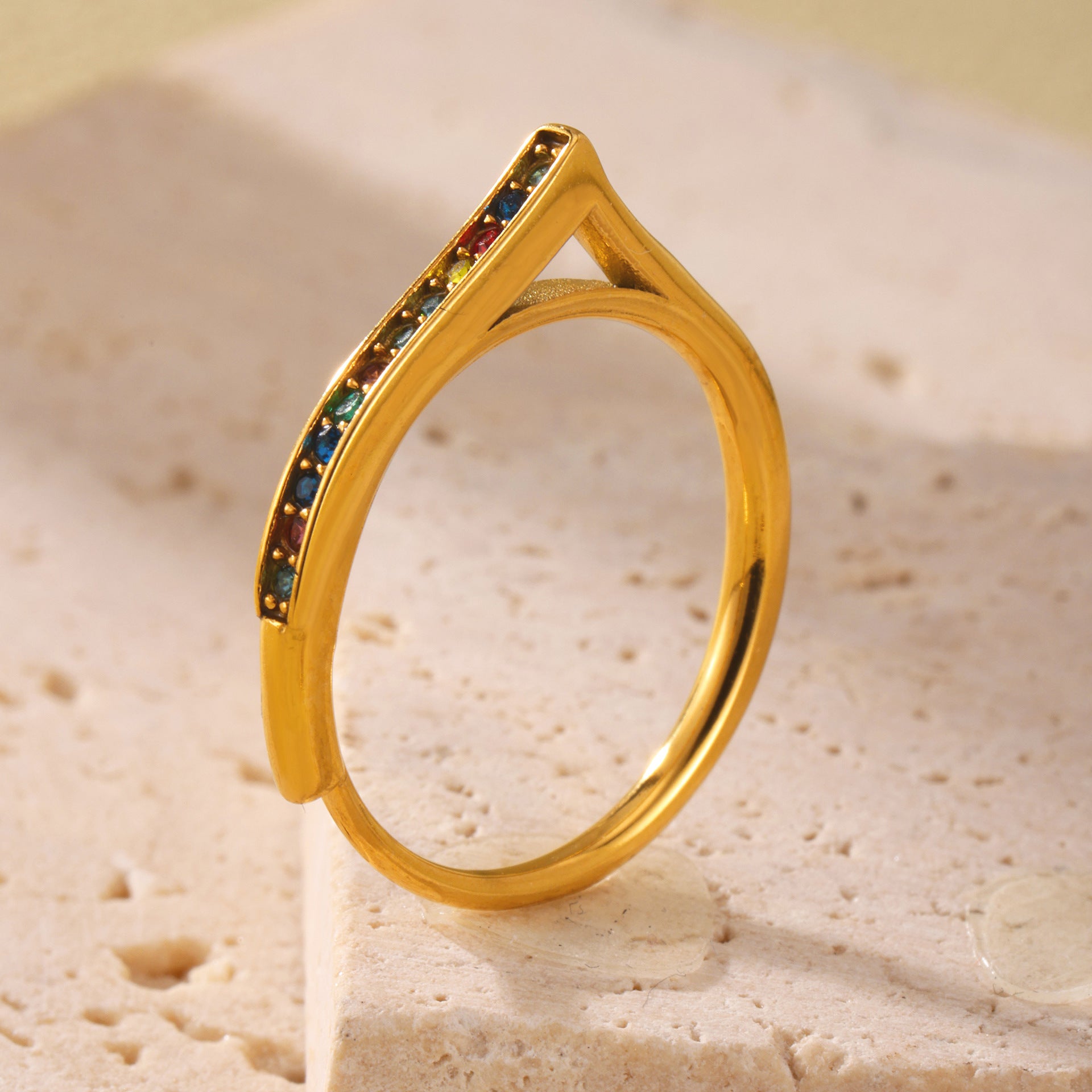Titanium steel ring full diamond micro-inlaid zircon opening niche design stainless steel plated 18K real gold female