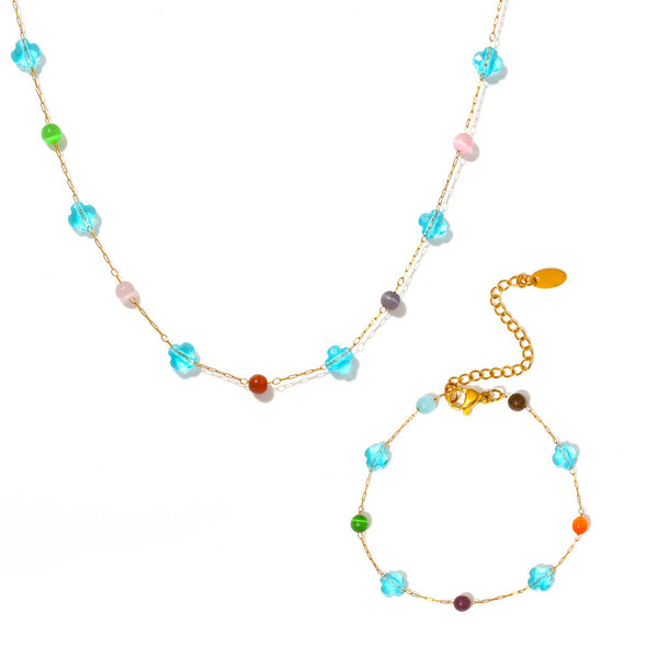 Colorful natural stone collarbone necklace bracelet, stainless steel niche dopamine handmade chain set for women