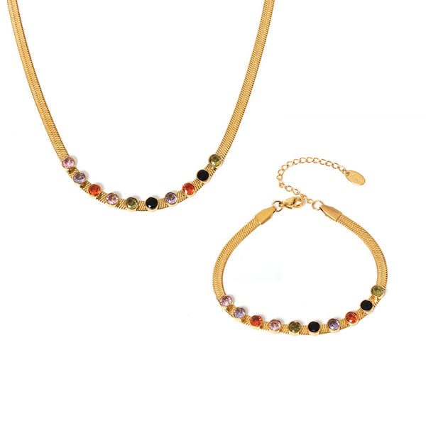 Colorful zircon blade necklace bracelet stainless steel plated 18k real gold color retention fashion light luxury set