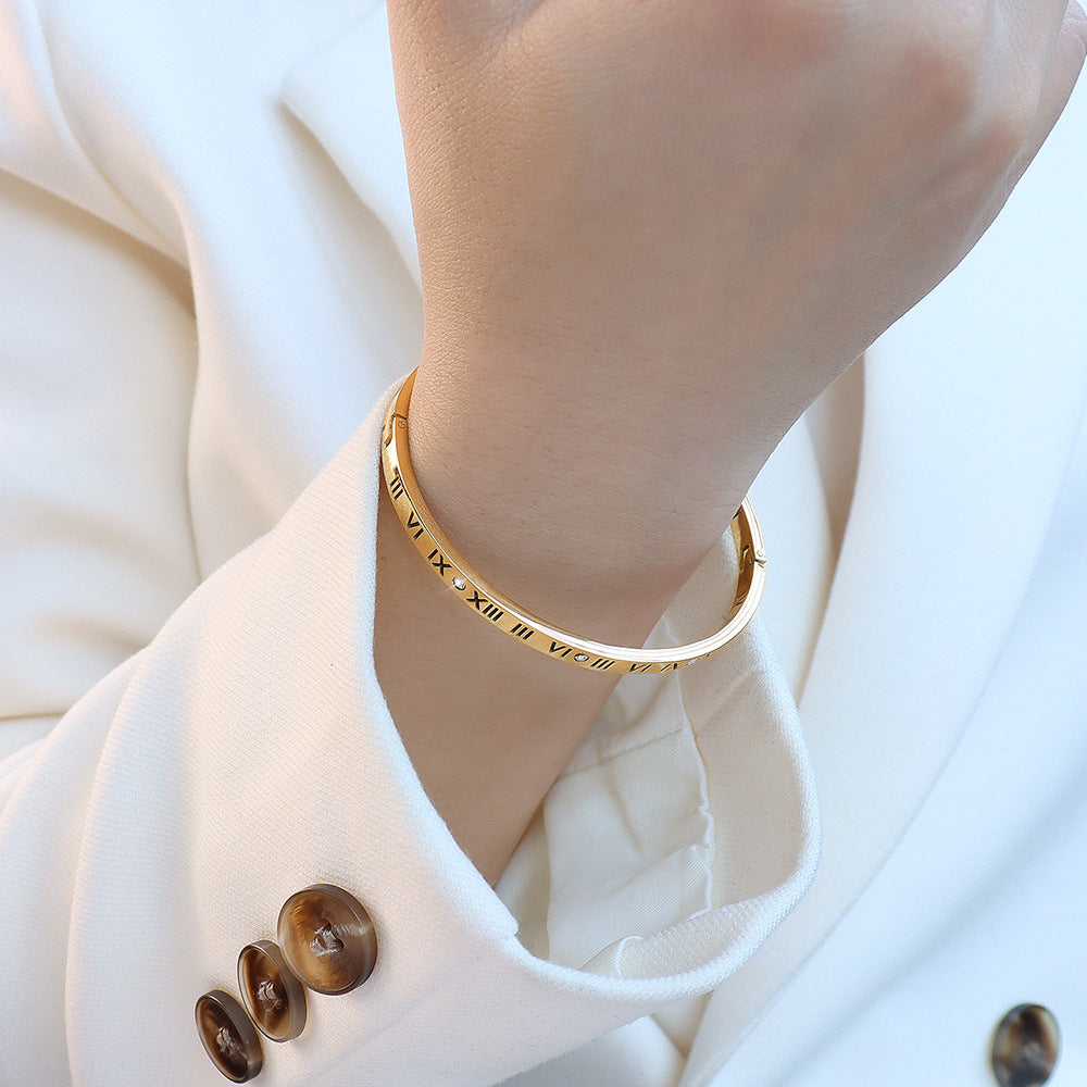Fashion niche versatile digital diamond-encrusted narrow version bracelet jewelry bracelet titanium steel gold-plated jewelry women