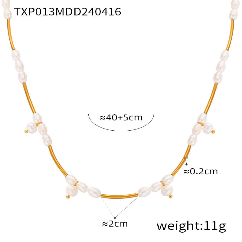 Light luxury temperament elegant jewelry geometric freshwater pearl beaded design titanium steel jewelry set