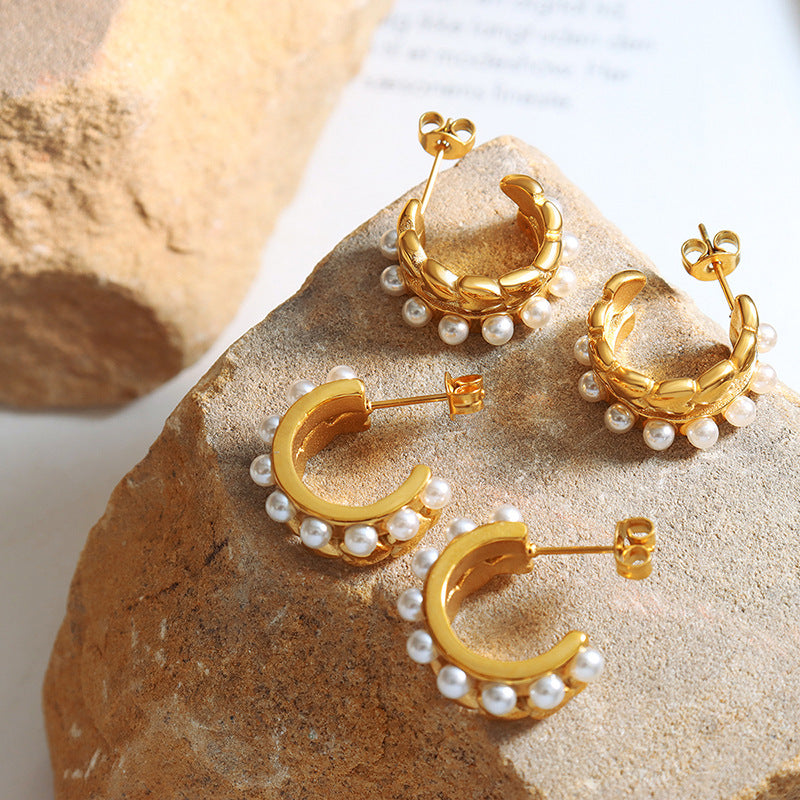 Court style gentle gentle and pleasant imitation pearl earrings, geometric C-shaped love lines personalized stud earrings