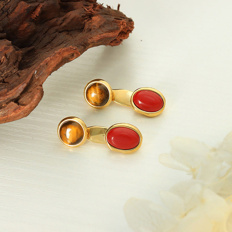 Autumn and winter titanium steel design detachable two wear inlaid colored natural stone earrings simple retro earrings jewelry women's pp