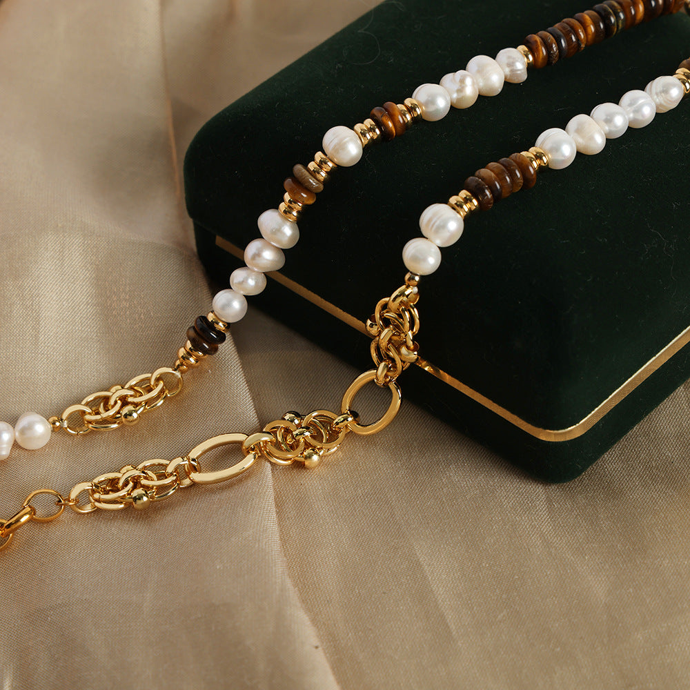 New court style light luxury retro natural tiger's eye stone freshwater pearl handmade beaded necklace bracelet jewelry