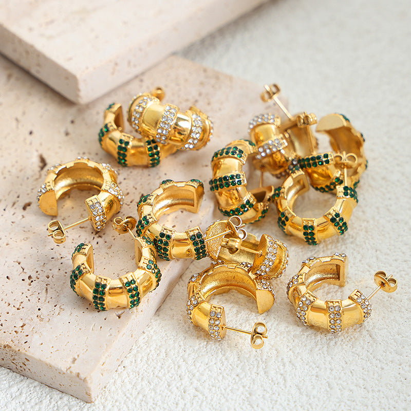 = New jewelry does not fade titanium steel electric inlaid rhinestone C-shaped earrings casual style temperament retro style earrings pp