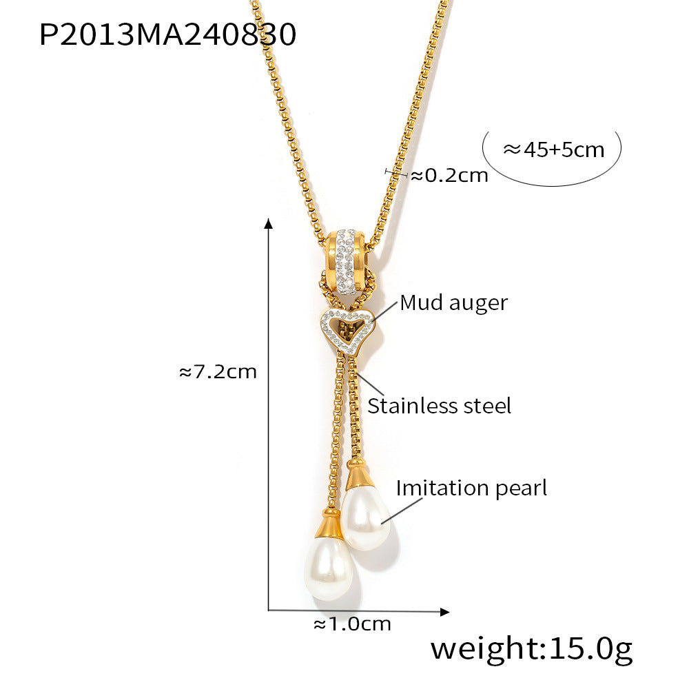 European and American light luxury buckle love tassel imitation pearl pendant necklace stainless steel gold-plated stacked necklace jewelry female pp