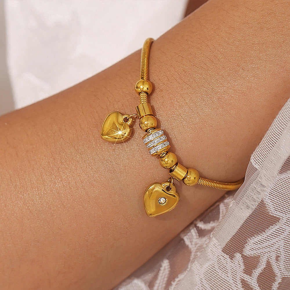 Jewelry, double peach heart sticky Czech rhinestone multi-accessory soft snake bracelet niche stainless steel jewelry