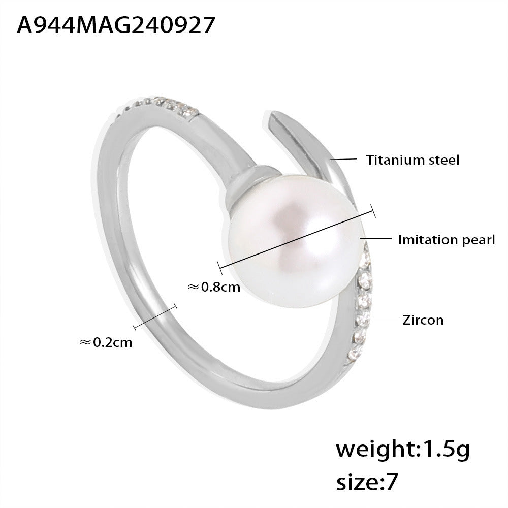 Exquisite and elegant micro-inlaid zircon Shijia pearl open ring for women, niche light luxury titanium steel ring jewelry wholesale 99