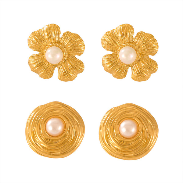 Retro style niche geometric texture design sense earrings inlaid beads flower round brand shape titanium steel gold-plated earrings