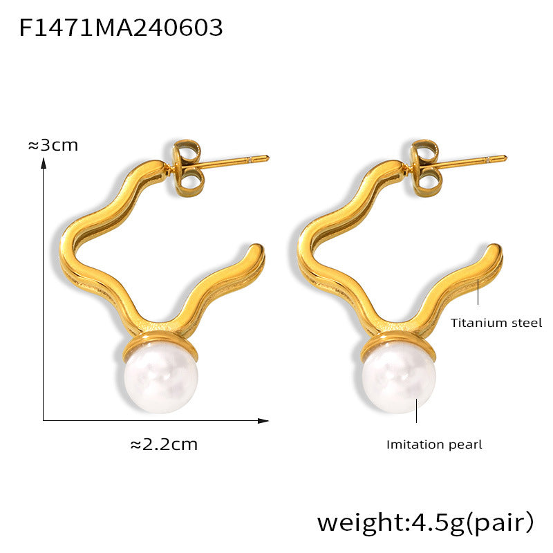 Fashion commuting simple personality inlaid bead jewelry lucky grass shape line design titanium steel gold-plated stud earrings