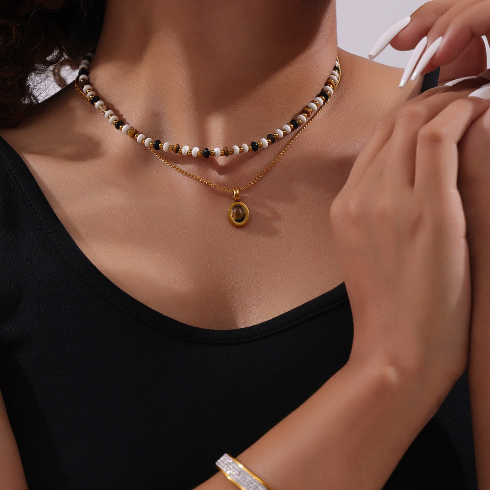 Natural stone beaded design necklace, tiger's eye stone pendant, double-layer stacked wind titanium steel clavicle chain 99