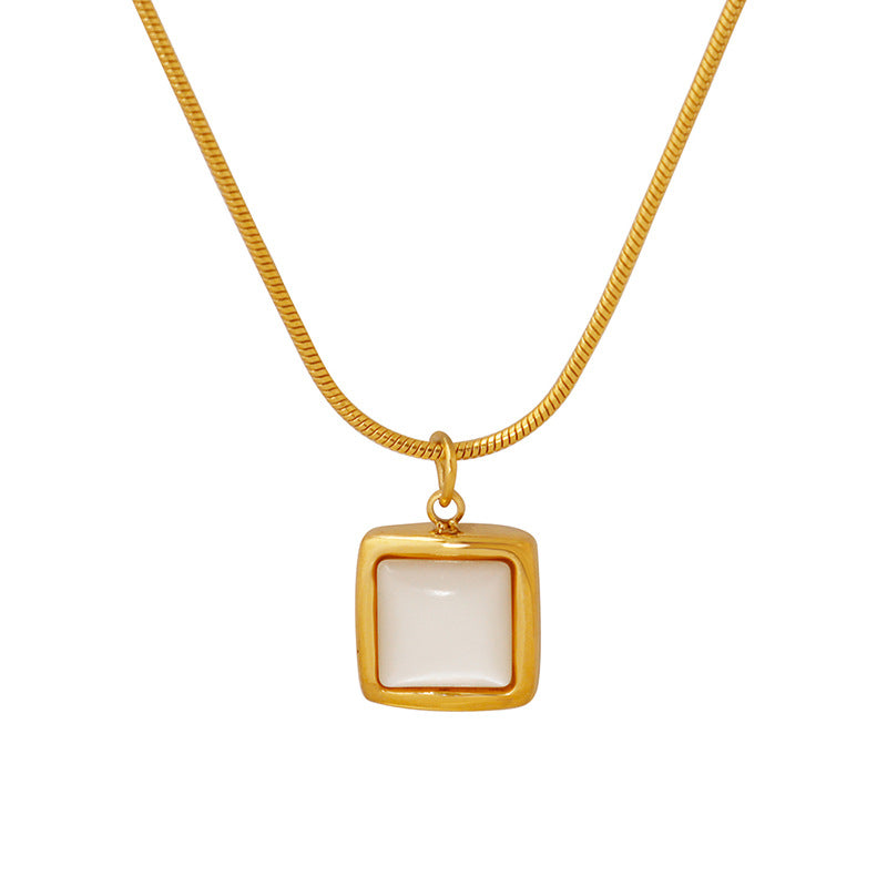 Cold wind square white sea shell pendant necklace niche design titanium steel plated 18K gold round snake chain jewelry 99