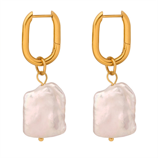 New retro light luxury personalized titanium steel gold-plated irregular freshwater pearl earrings women's jewelry wholesale