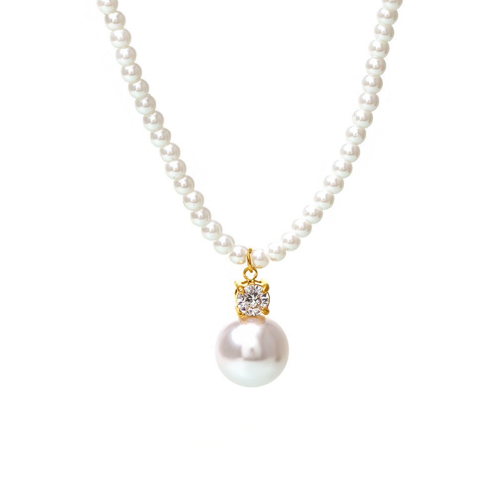 Stainless steel zircon large pearl Shijiabei bead collarbone necklace French elegant light luxury princess daily accessories