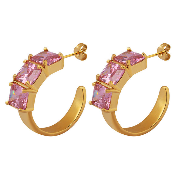 Celebrity fashion retro style temperament summer C-shaped shining pink diamond earrings Internet celebrity trend personalized copper earrings
