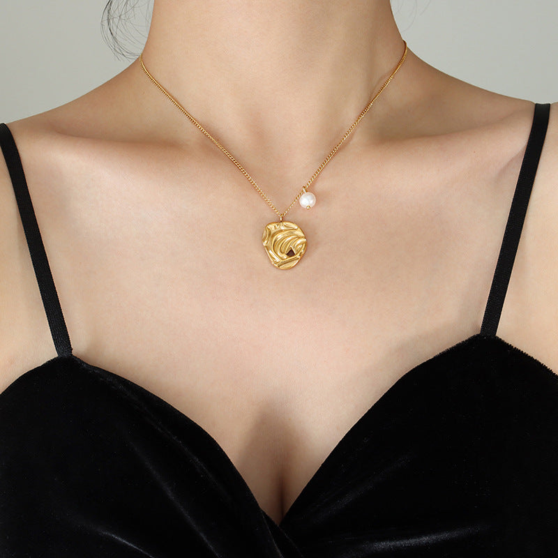 Creative Abstract Art Irregular Pendant Freshwater Pearl Necklace Women's Titanium Steel Gold Plated Jewelry P912