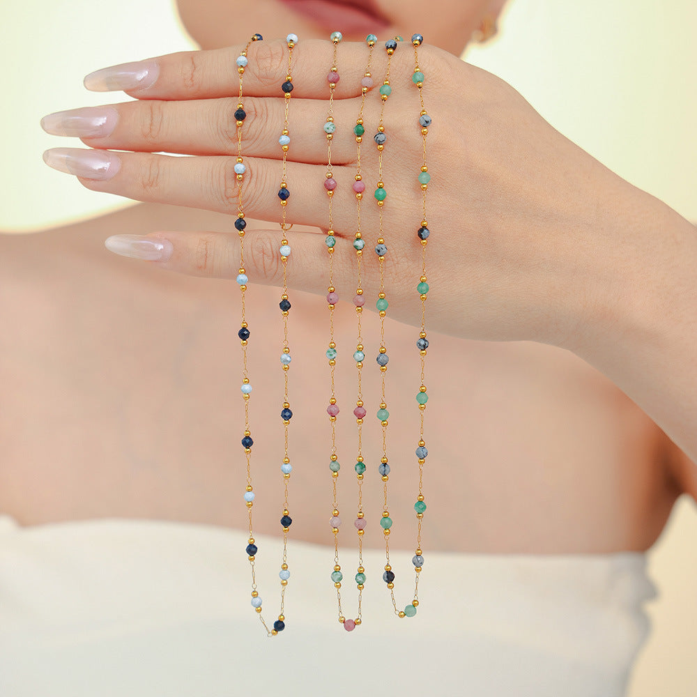 Blue gold natural stone handmade beaded collarbone necklace double-layer stacked titanium steel PVD plated real gold jewelry spot 99