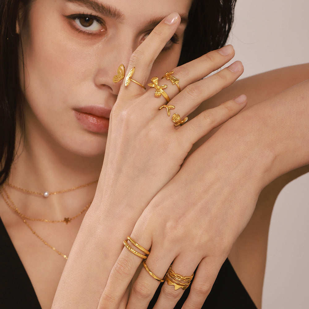 Irregular open ring ins wind niche design titanium steel PVD plated 18K real gold color retention ring women