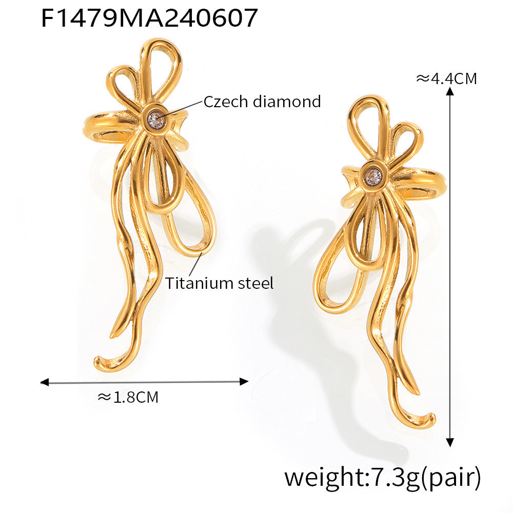 Light luxury bow tassel ribbon stud earrings stainless steel plated 18K real gold fairy earrings spot wholesale