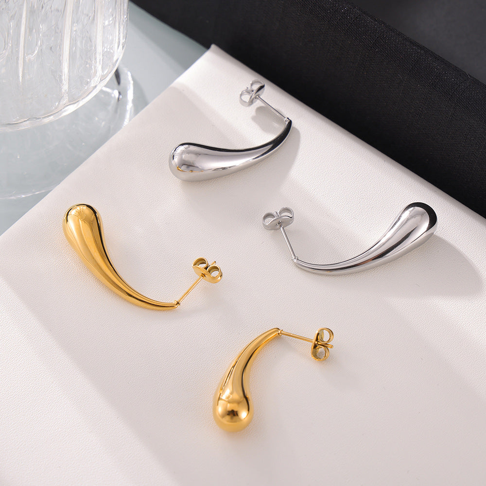 Fashion commuting simple personality long water drop shape earrings temperament elegant niche versatile titanium steel gold-plated stud earrings