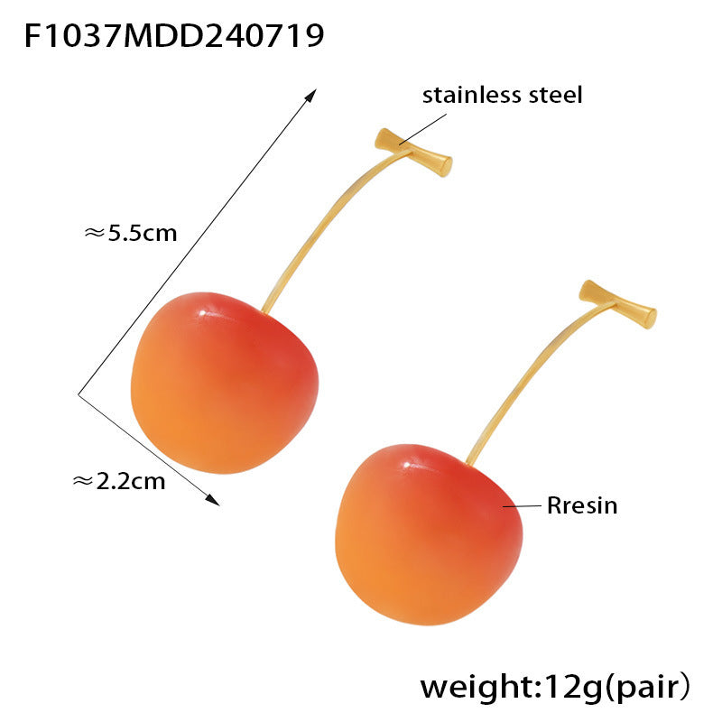 Small fresh cherry long earrings female personality Internet celebrity stainless steel resin cherries creative temperament stud earrings