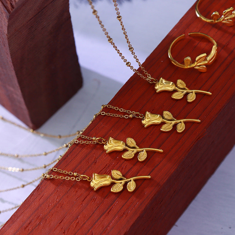 Trendy versatile fashion sweet Internet celebrity accessories, rose ring necklace jewelry set wholesale pp
