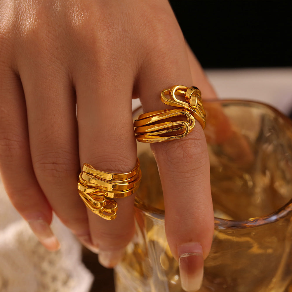Folded hollow line splicing ring copper plated with 18k real gold does not fade cold wind opening ring pp