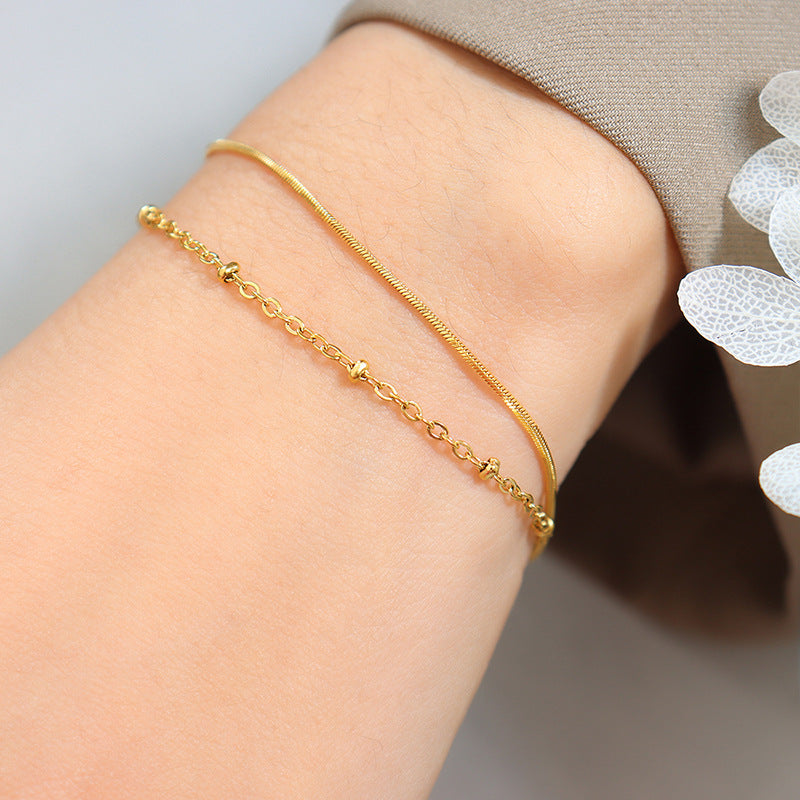 Jewelry Detailed Double-layer Snake Bone Chain Exquisite Bracelet Bag Bead Chain Titanium Steel Plated 18K Gold Jewelry E08599