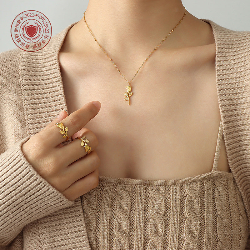 Trendy versatile fashion sweet Internet celebrity accessories, rose ring necklace jewelry set wholesale pp