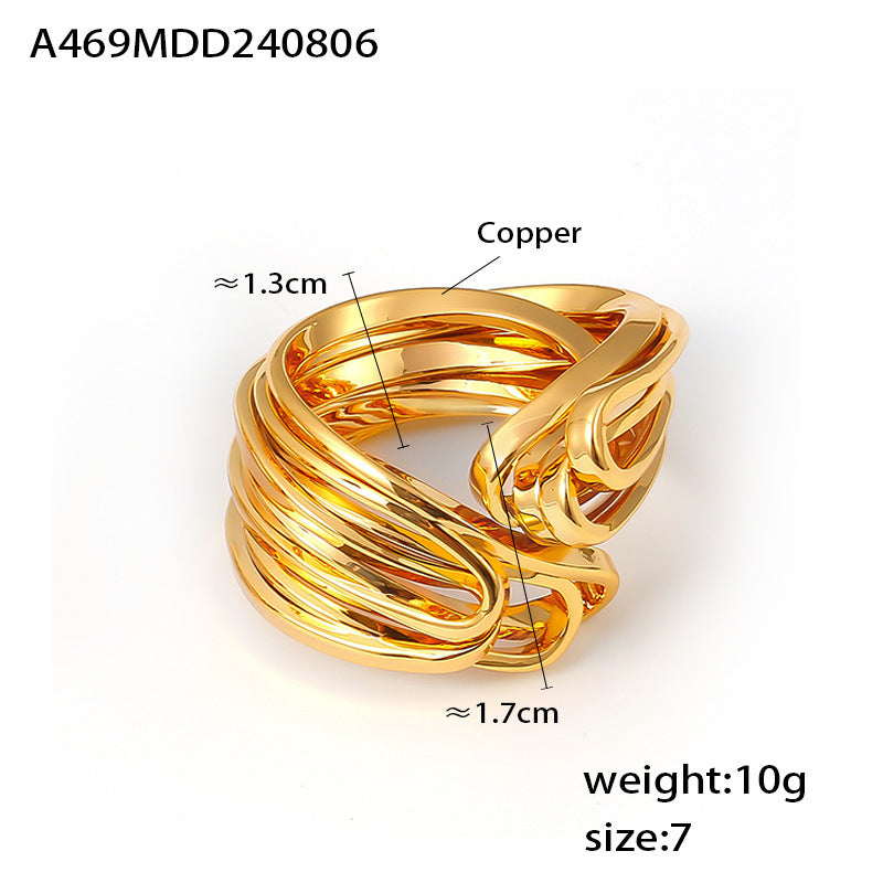 Folded hollow line splicing ring copper plated with 18k real gold does not fade cold wind opening ring pp