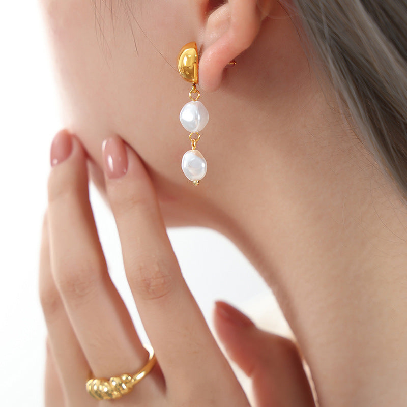 Cold wind temperament elegant steel ball fringed high-gloss bead design sense versatile titanium steel gold-plated earrings pp
