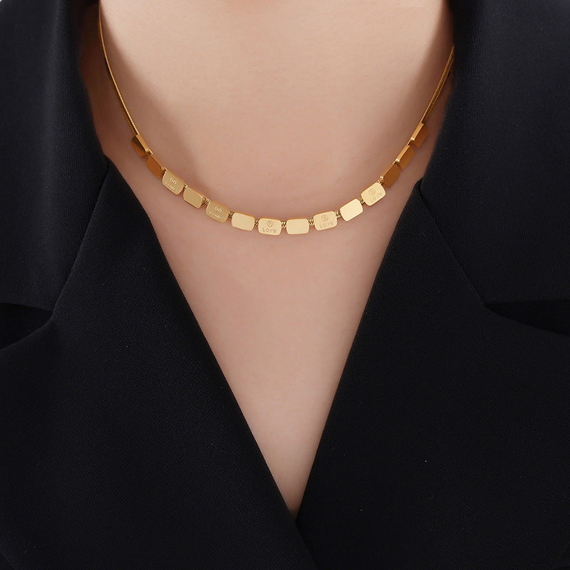 Titanium steel electroplated 18k gold does not fade personalized retro square LOVE word print blade chain necklace women's jewelry