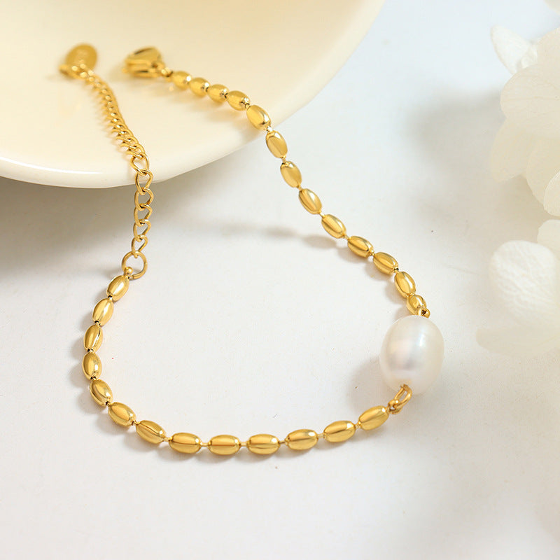 Freshwater pearl splicing rice bead temperament metal chain bracelet neutral wind personality non-fading girlfriend jewelry