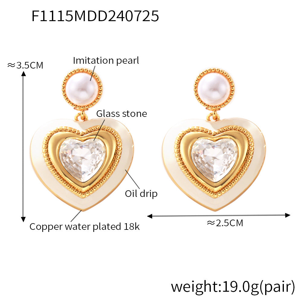 Imitation pearl love three-dimensional glass stone full stud earrings light luxury copper material hot-selling earrings 99