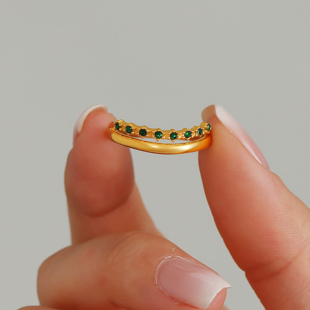 Simple light luxury stainless steel green zircon ring women's tail ring electroplating 18k real gold does not fade